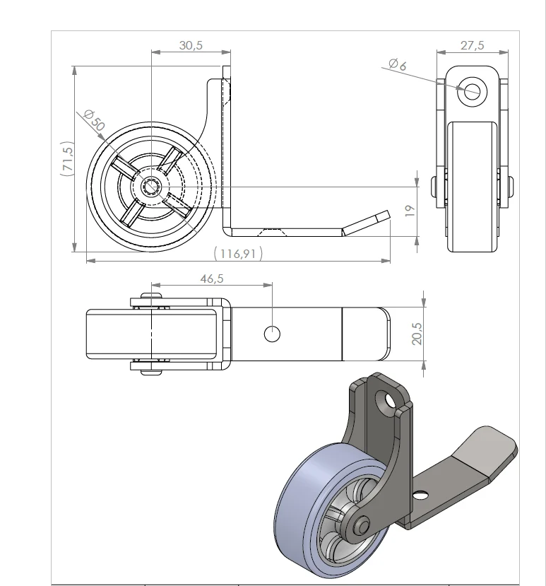 Rolle mit Kippschutz, Rad Ø 50 mm mit weicher Lauffläche, 2 Befestigungsbohrungen