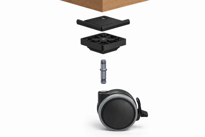 Lenkrollen-Set Ø 75 mm mit Feststeller, Stift 10/10, Kantenschutz und Montageblock