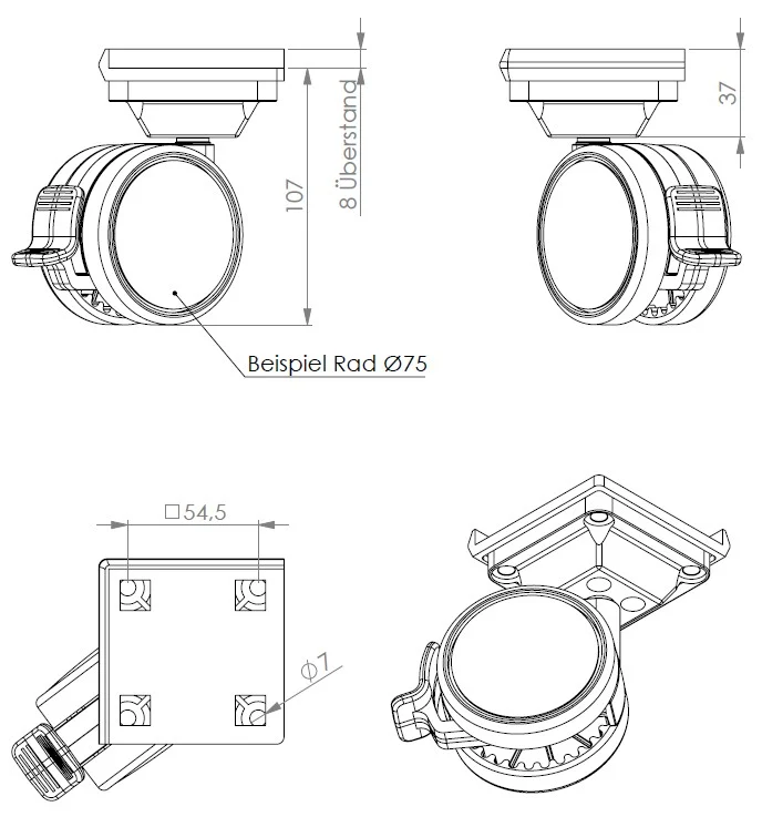 Lenkrollen-Set Ø 75 mm mit Feststeller, Stift 10/10, Kantenschutz und Montageblock