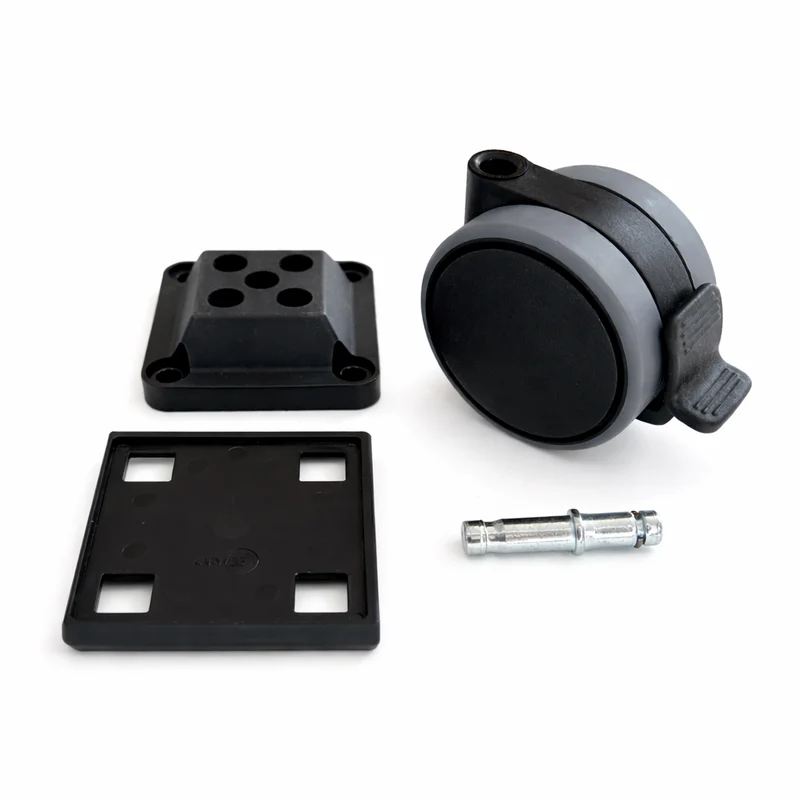 Lenkrollen-Set Ø 75 mm mit Feststeller, Stift 10/10, Kantenschutz und Montageblock