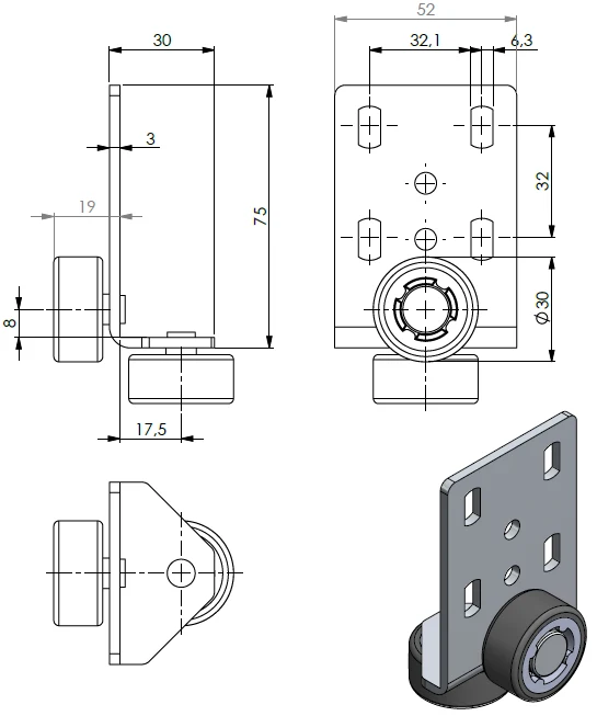 Kopfteilrolle 76x53 mm verzinkt mit 2x Rad Ø 30 mm, weiche Lauffläche