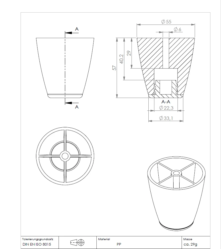 Möbelgleiter mit Stopfen schwarz aus Kunststoff, Ø 55 mm, Bauhöhe 57 mm, Bohrung Ø 6 mm