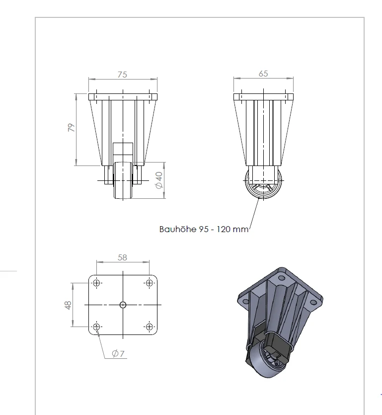 Höhenverstellbare Bockrolle Ø40mm, fertig montiert