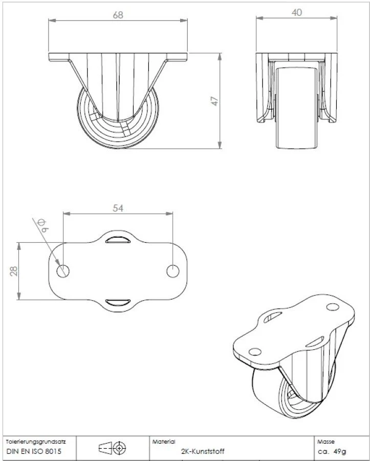 Kastenbockrolle Ø 40 mm mit weicher Lauffläche