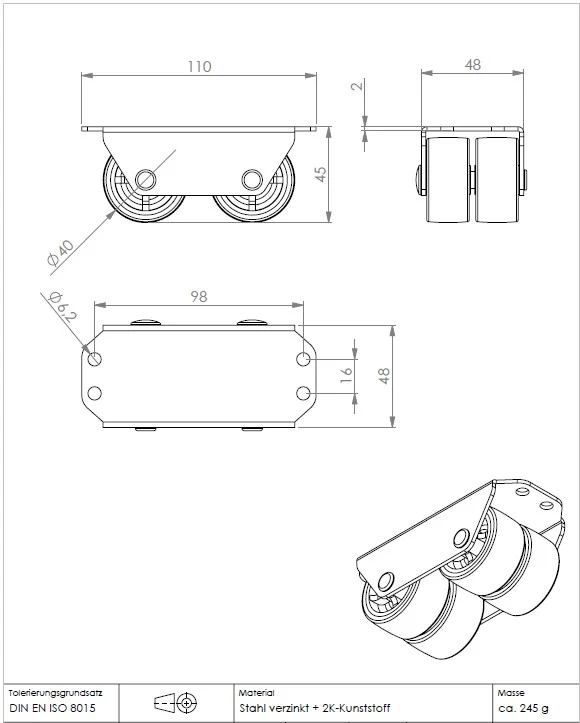 Sonderkonstruktion Kastenbockrolle Ø 40 mm mit weicher Lauffläche, 4x Rad