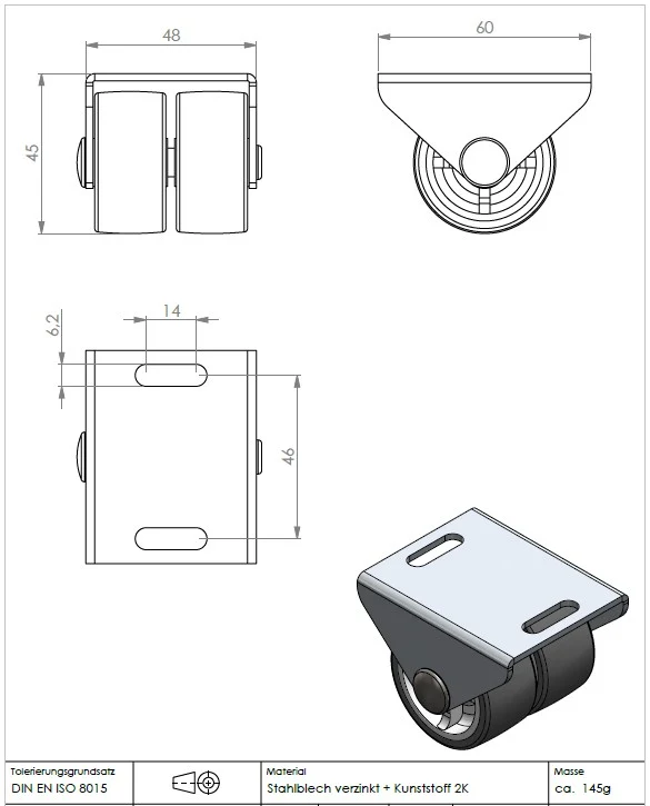 Ø 40 mm, Sonderkonstruktion Kastenbockrolle mit weicher Lauffläche, 2x Rad