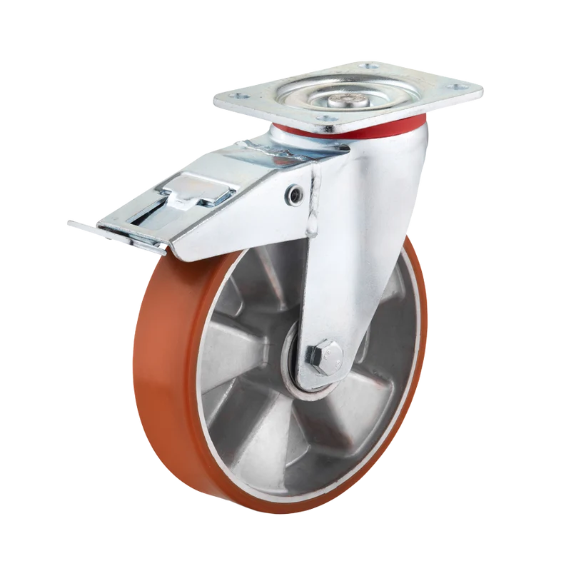Ø 200 mm, Lenkrolle mit Feststeller und Anschraubplatte, Radkörper aus Aluminium-Druckguss, Lauffläche aus Polyurethan