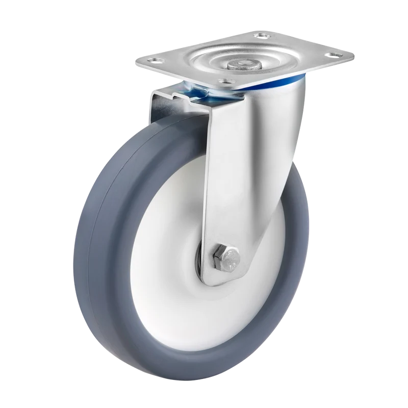 Ø 160 mm, Lenkrolle mit Anschraubplatte, Radkörper aus Polypropylen, Lauffläche thermoplastischem Gummi grau