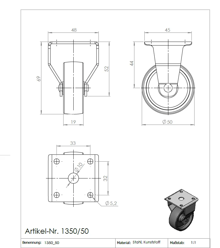 Ø 50 mm, Kastenbockrolle mit harter Lauffläche