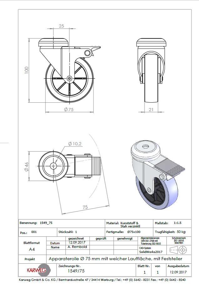 Ø 75 mm Apparaterolle mit weicher Lauffläche und Feststeller, Rückenloch Ø 10,2 mm