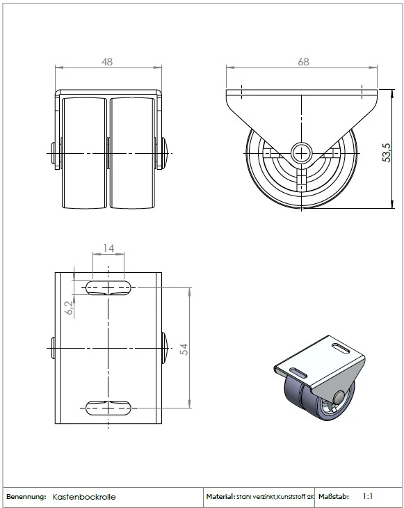 Ø 50 mm, Sonderkonstruktion Kastenbockrolle mit weicher Lauffläche, 2x Rad