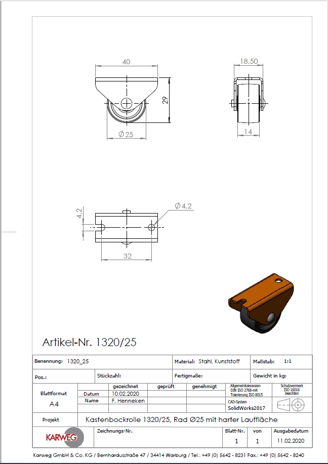 Ø 25 mm, Kastenbockrolle mit harter Lauffläche