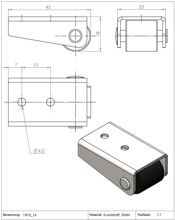 Kastenbockrolle Ø 16 mm mit harter Lauffläche | Sonderkonstruktion