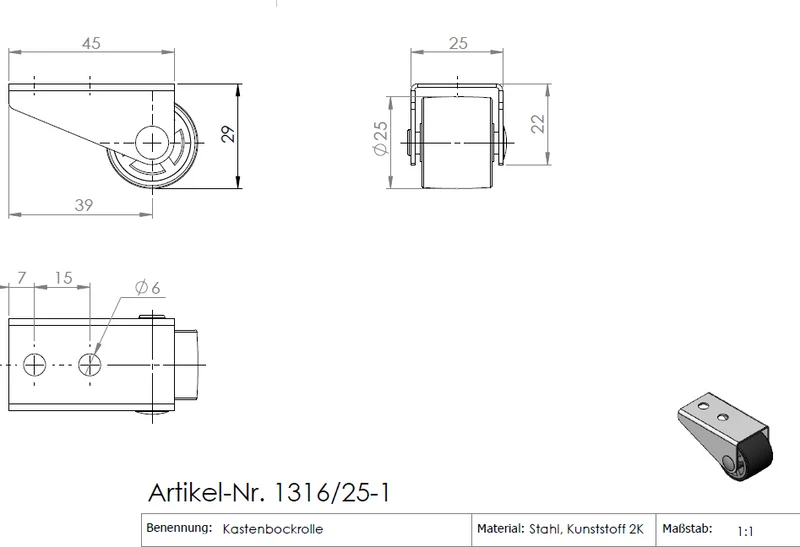 Ø 25 mm, Sonderkonstruktion Kastenbockrolle mit weicher Lauffläche, 1x Rad