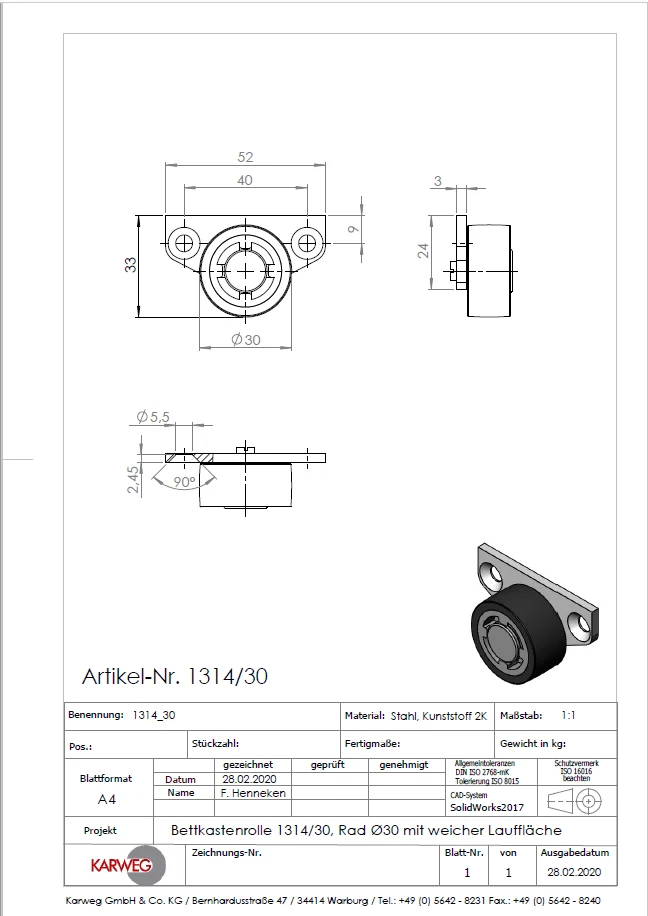 Ø 30 mm, Sonderkonstruktion Kastenbockrolle mit weicher Lauffläche