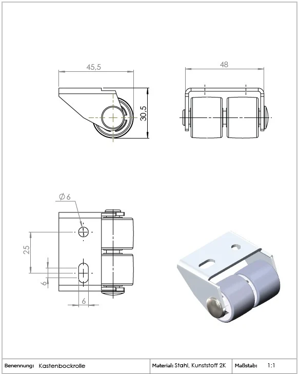 Ø 25 mm, Sonderkonstruktion Kastenbockrolle mit weicher Lauffläche, 2x Rad