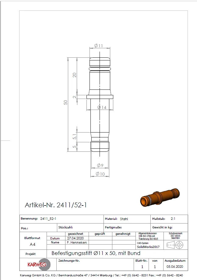 Bürostuhlrollenstift Ø 11x50 mm für Bohrung Ø 10 mm, Stiftlänge 50mm