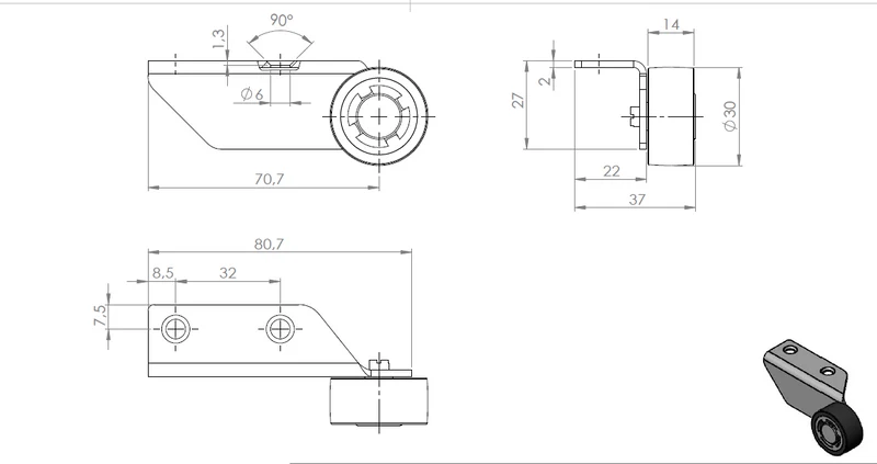 Winkel 22x50 mm verzinkt mit Rolle Ø 030 mm, weiche Lauffläche, Ausführung links