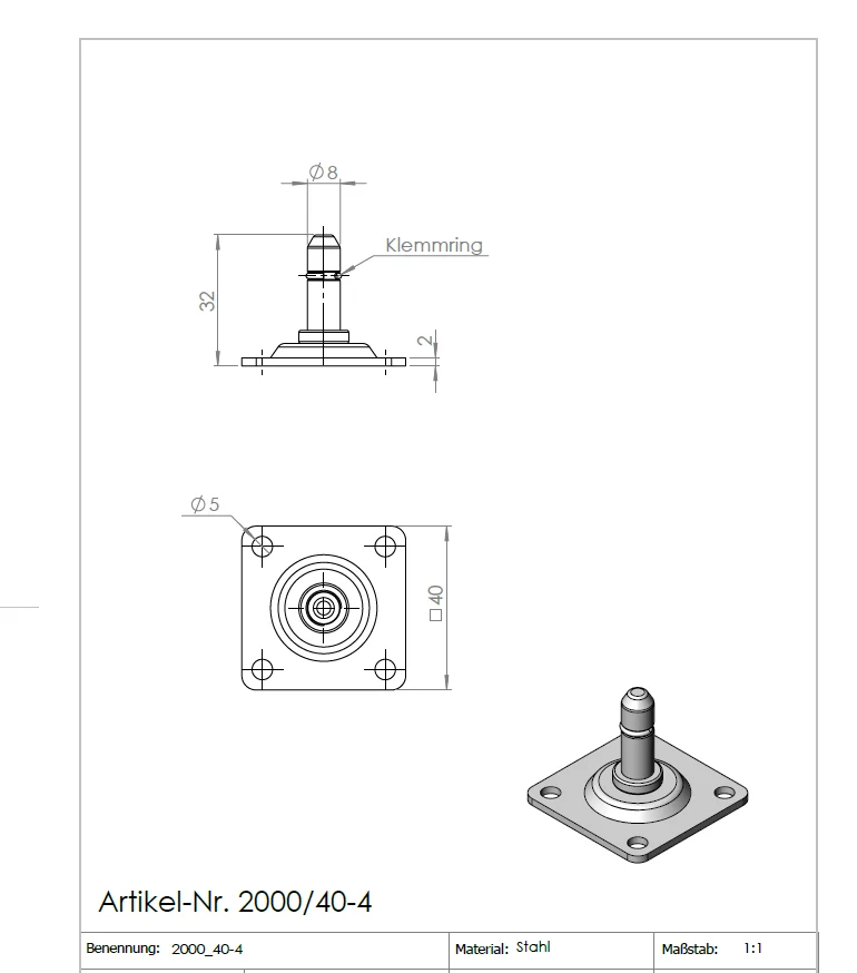 Anschraubplatte 40x40x2,0 mm verzinkt, Stift Ø 8x27 mm mit Klemmring