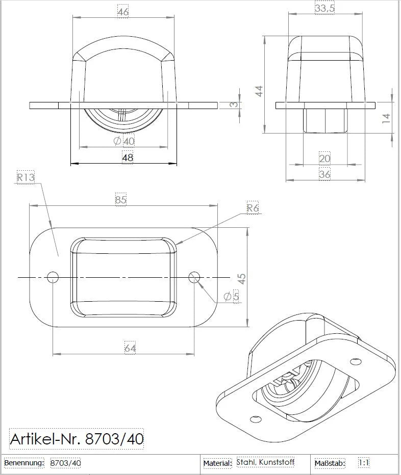 Bettkastenrolle mit Kunststoffgehäuse schwarz, Stahlachse Ø 8mm, mit weicher Lauffläche grau, Ø 40mm