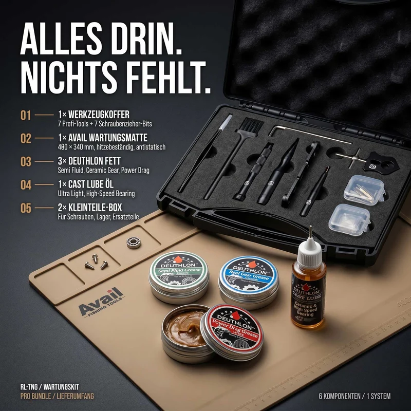 Angelrollen Wartungskit Pro Bundle mit Werkzeug, Öl, 3 Fetten & Wartungsmatte – Profi Setup