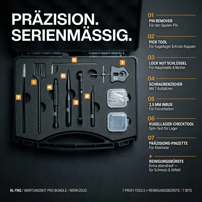 Angelrollen Wartungskit Pro Bundle mit Werkzeug, Öl, 3 Fetten & Wartungsmatte – Profi Setup