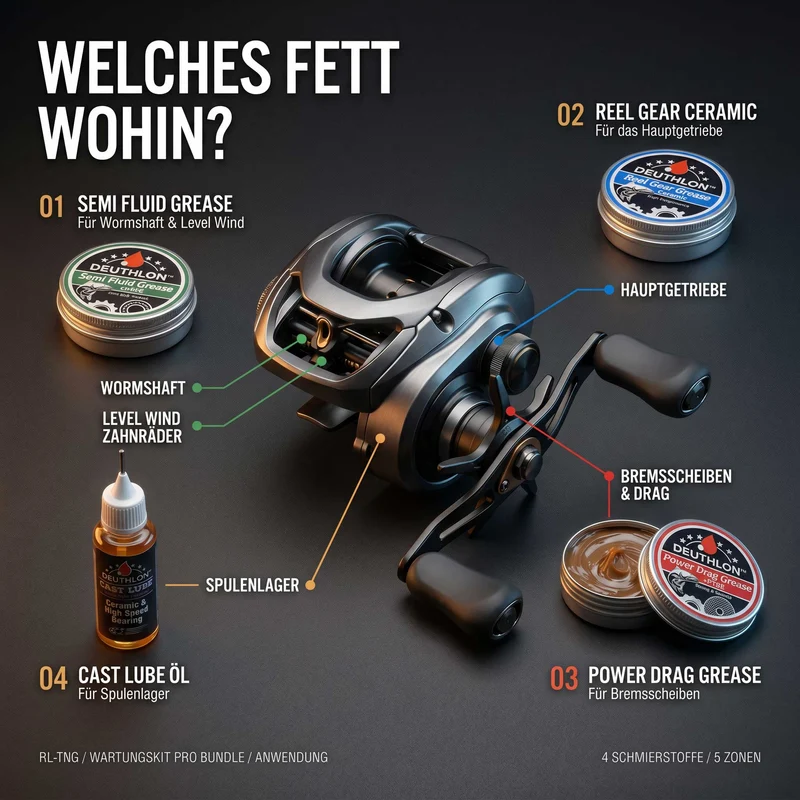 Angelrollen Wartungskit Pro Bundle mit Werkzeug, Öl, 3 Fetten & Wartungsmatte – Profi Setup