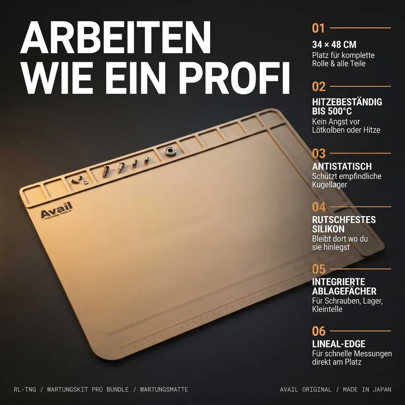 Angelrollen Wartungskit Pro Bundle mit Werkzeug, Öl, 3 Fetten & Wartungsmatte – Profi Setup