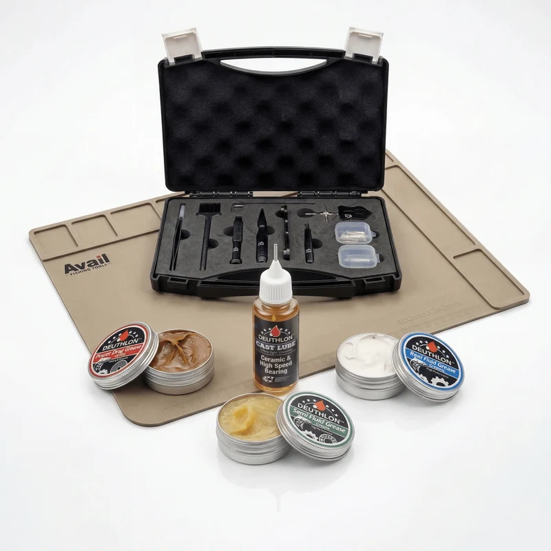 Angelrollen Wartungskit Pro Bundle mit Werkzeug, Öl, 3 Fetten & Wartungsmatte – Profi Setup