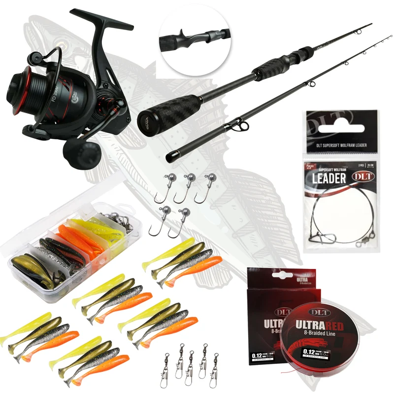 Zander Jig Komplettset mit Rute Rolle Schnur Gummifischen und Vorfach