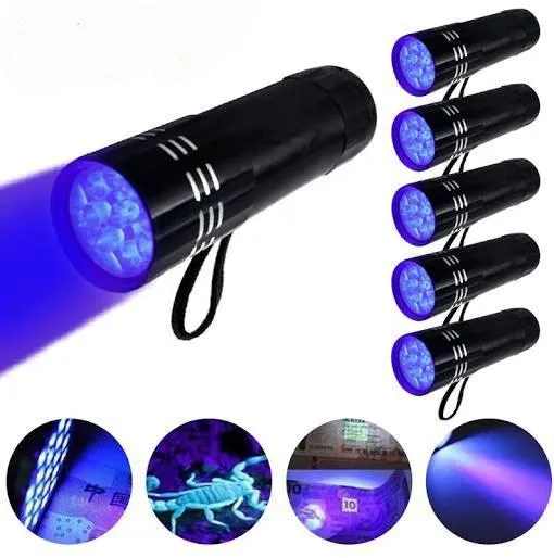 Aluminium 9 LED UV Schwarzlicht Leuchte 5er SET - Outdoor Taschenlampe Prüflampe