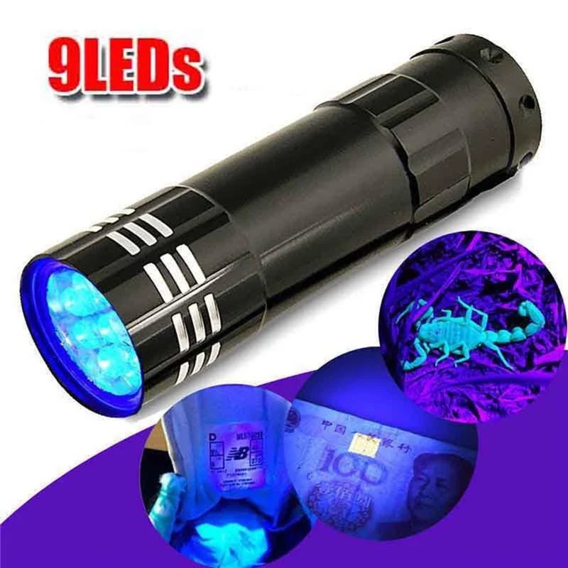 Aluminium 9 LED UV Schwarzlicht Leuchte 5er SET - Outdoor Taschenlampe Prüflampe