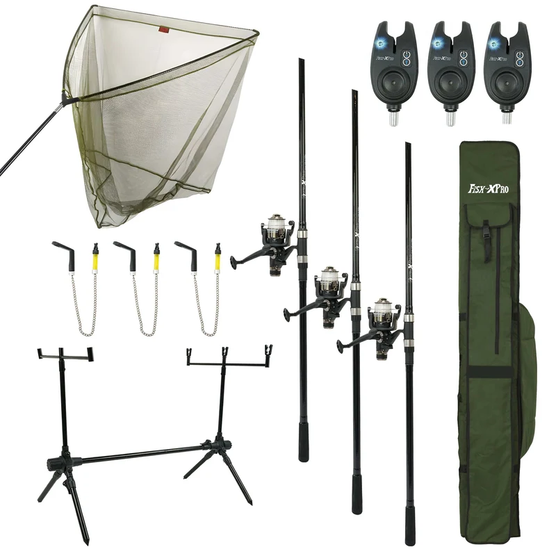 FISH-XPRO Karpfenset Pro Improve – 3-Ruten Karpfen Komplettset mit Kescher