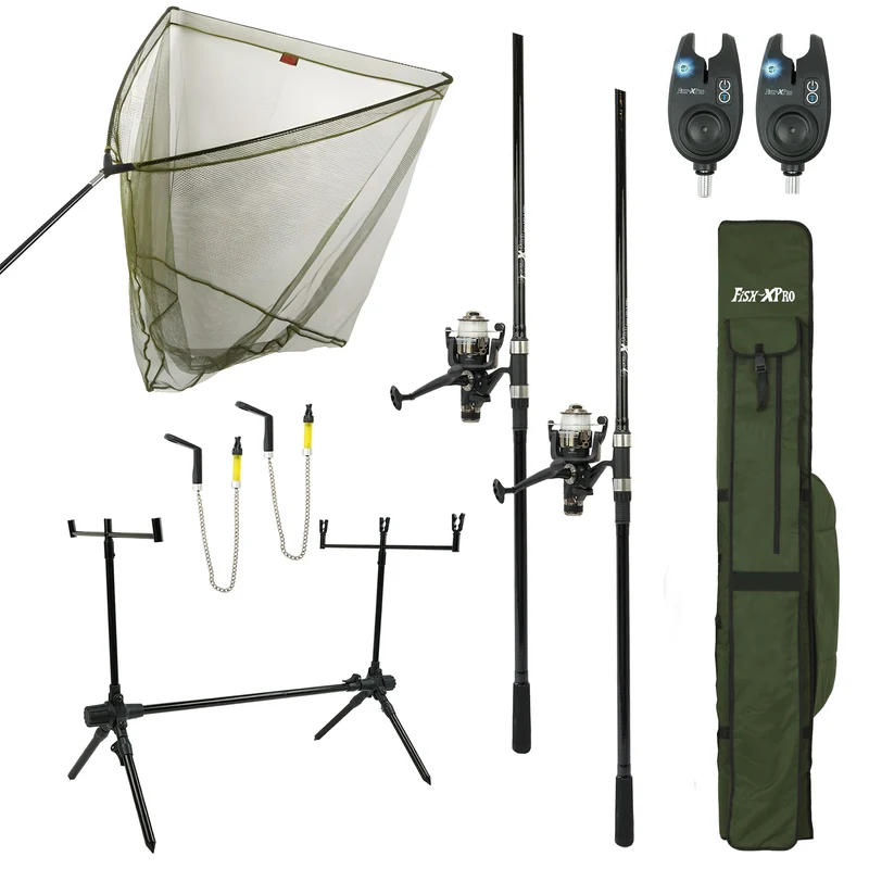 FISH-XPRO Karpfenset – 2-Ruten Carp Komplettset mit Kescher & Rod Pod