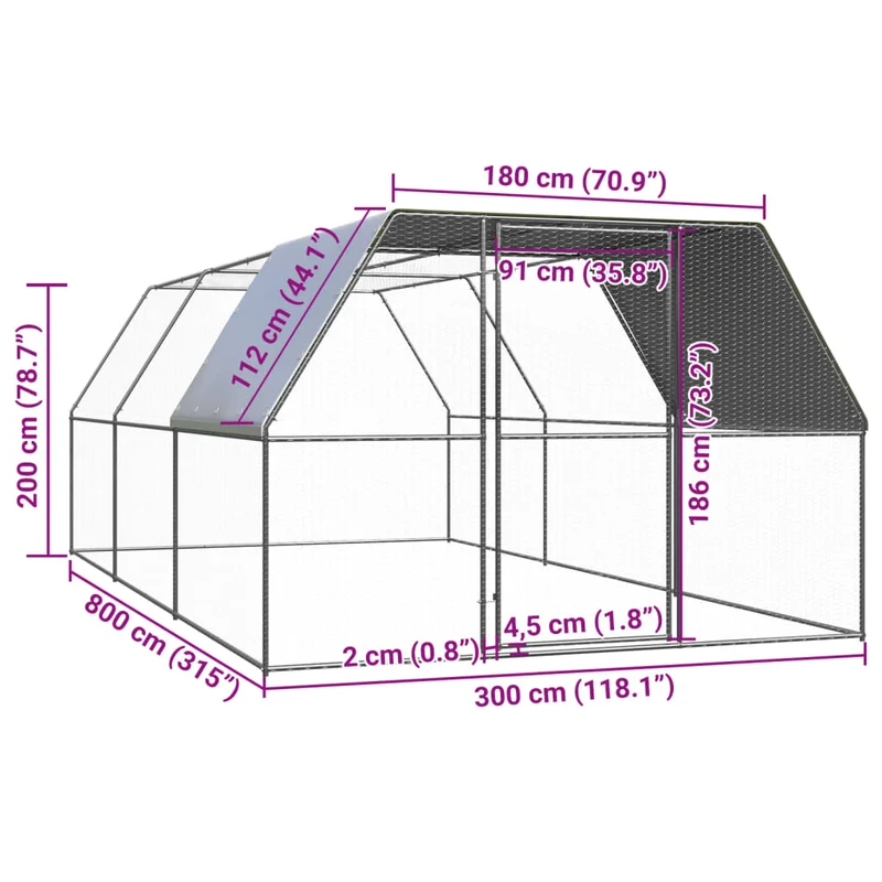Hühnerkäfig Hühnerstall Stahl 3 x 8 x 2 m Auslauf Freigehege Tierkäfig Geflügelstall