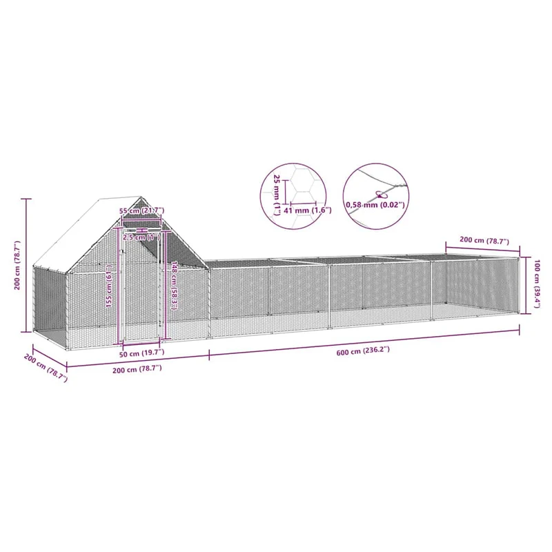 Hühnerkäfig Hühnerstall Stahl 8 x 2 x 2 m Auslauf Freigehege Tierkäfig Geflügelstall