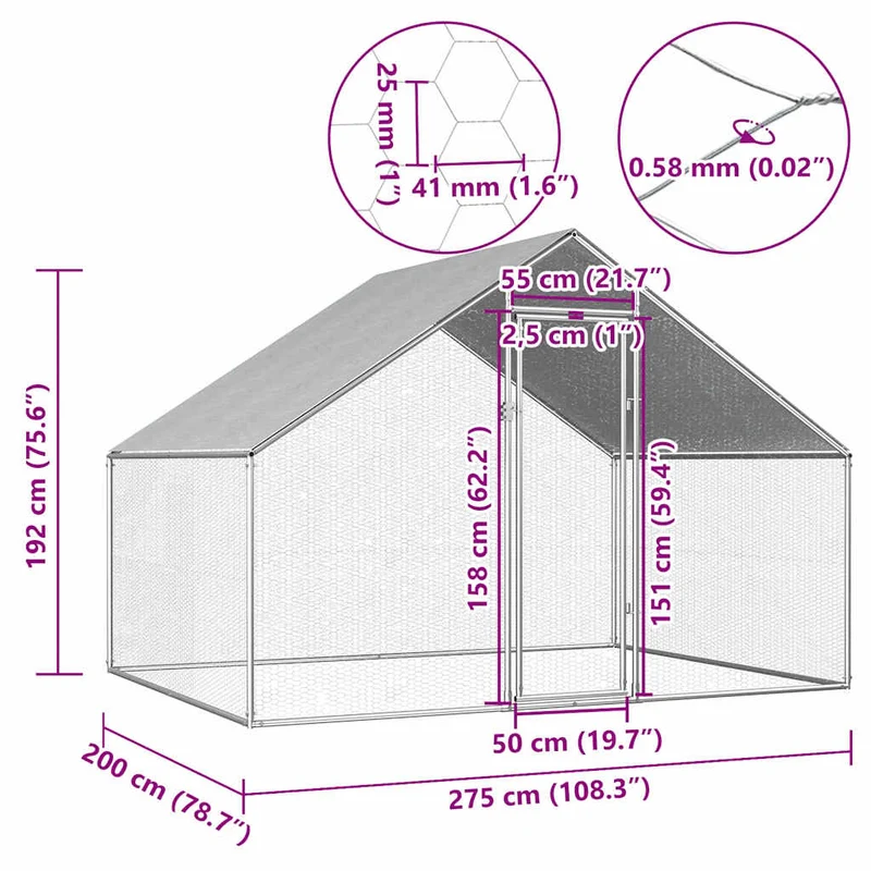 Hühnerkäfig Hühnerstall Stahl 2,75 x 2 x 1,92 m Auslauf Freigehege Tierkäfig Geflügelstall