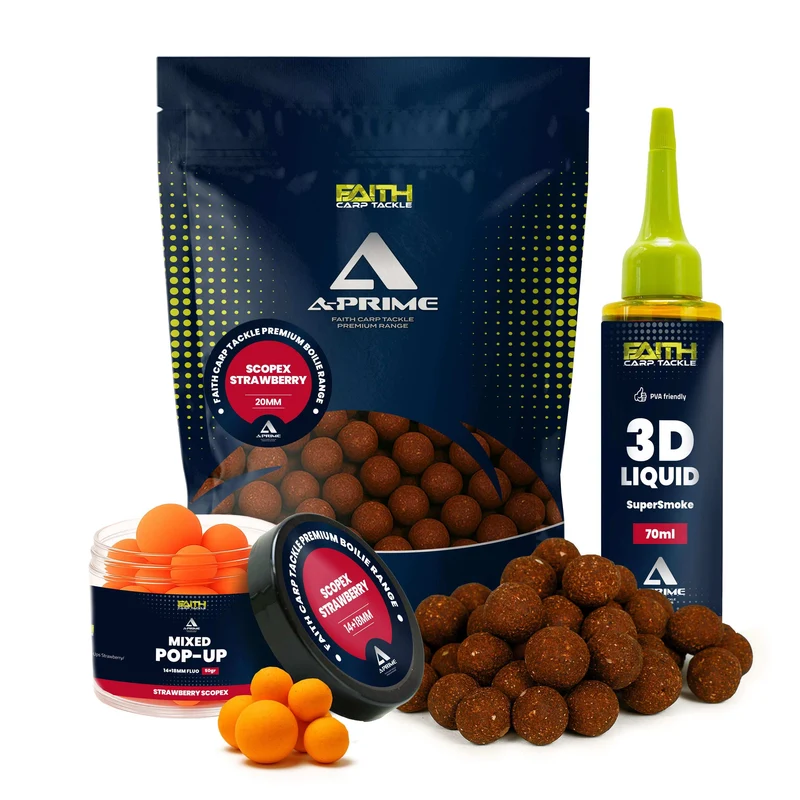 Faith A-Prime Boilie Set – inkl. Pop-Ups & SuperSmoke Liquid – verschiedene Sorten