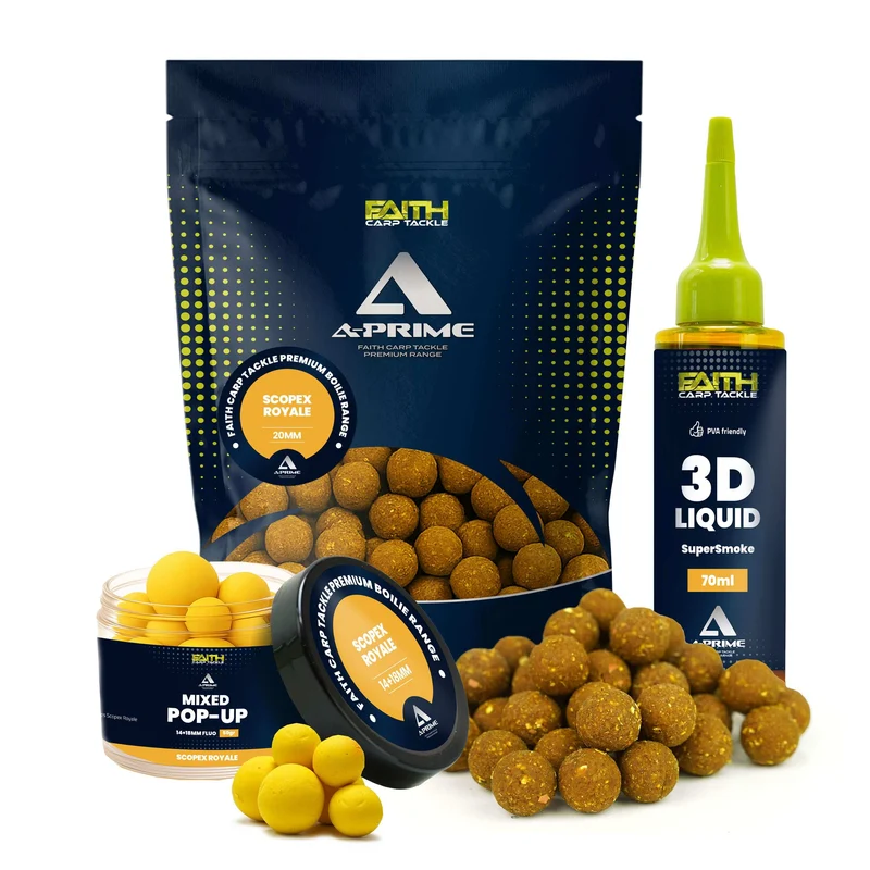 Faith A-Prime Boilie Set – inkl. Pop-Ups & SuperSmoke Liquid – verschiedene Sorten