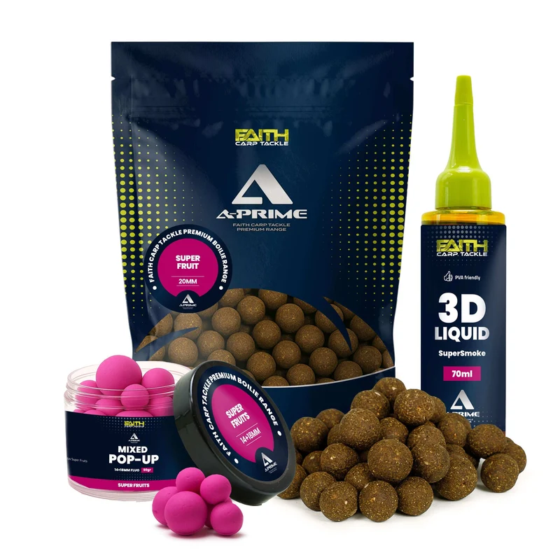 Faith A-Prime Boilie Set – inkl. Pop-Ups & SuperSmoke Liquid – verschiedene Sorten