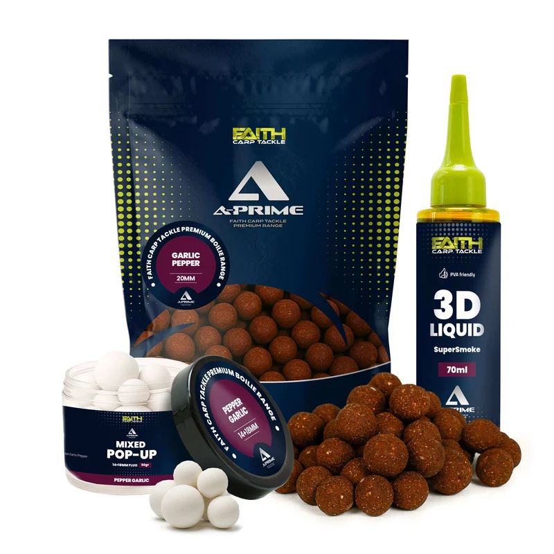 Faith A-Prime Boilie Set – inkl. Pop-Ups & SuperSmoke Liquid – verschiedene Sorten