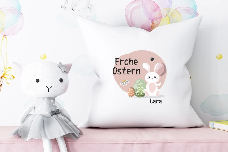 Kissen Frohe Ostern personalisiert mit Name | Ostergeschenk Kissen | personalisiertes Geschenk zu Ostern mit niedlichen Osterhasen