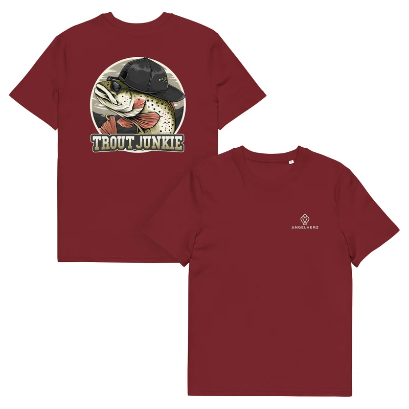 🎣 „Trout Junkie“ Bio-T-Shirt – Für alle, die Forellen lieben | Angelherz® Streetwear für Angler
