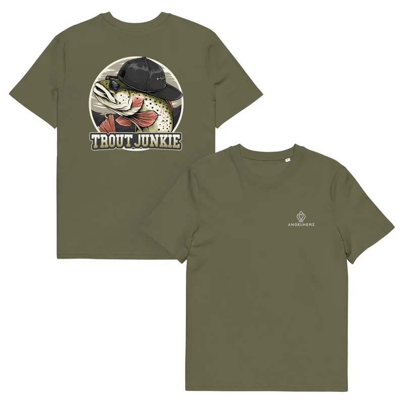 🎣 „Trout Junkie“ Bio-T-Shirt – Für alle, die Forellen lieben | Angelherz® Streetwear für Angler