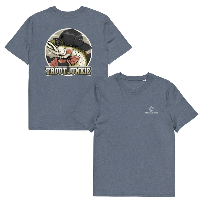 🎣 „Trout Junkie“ Bio-T-Shirt – Für alle, die Forellen lieben | Angelherz® Streetwear für Angler