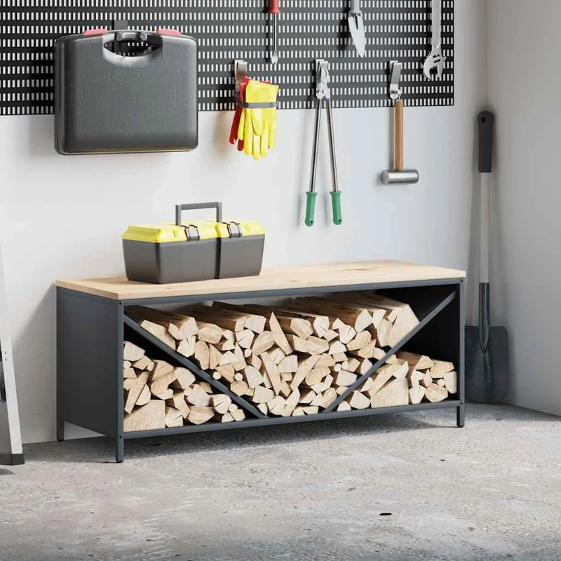 Kaminholzregal mit Sitzbank Brennholzregal 100 cm Stahl Kiefer Anthrazit