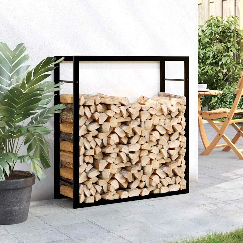 Kaminholzregal Brennholzregal 80x28x86 cm Stahl Schwarz kompakt Wandhalterung