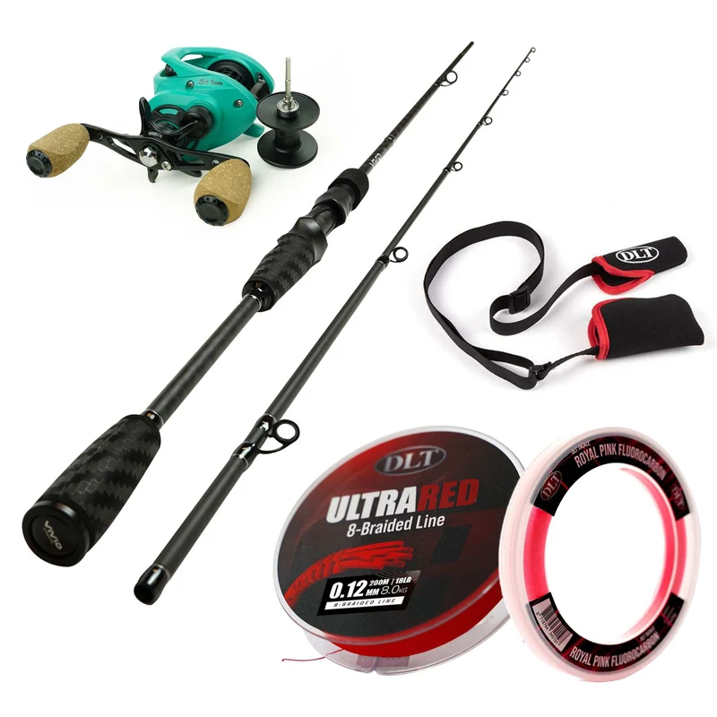 DLT | Vivid Baitcaster Ruten-Set | Rute – Rolle – Geflochtene Schnur – Fluorocarbon – Transporttasche | Komplettset