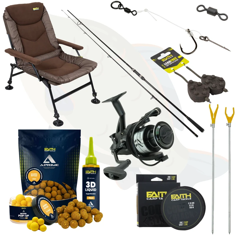 Faith Karpfen Komplettset mit Rute Rolle Schnur Boilies und Rig