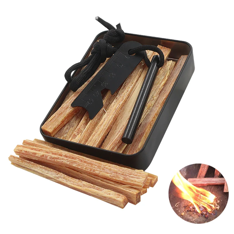 Feuerstahl Set Firestarter mit Schaber, Kienspan & Metallbox Bushcraft Camping